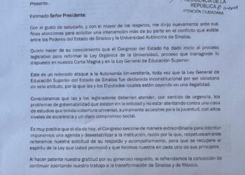 Robespierre Lizárraga denuncia ante AMLO el atropello y la vulneración a la autonomía de la UAS por parte del Congreso del Estado y solicita una vez más su intervención en el conflicto
