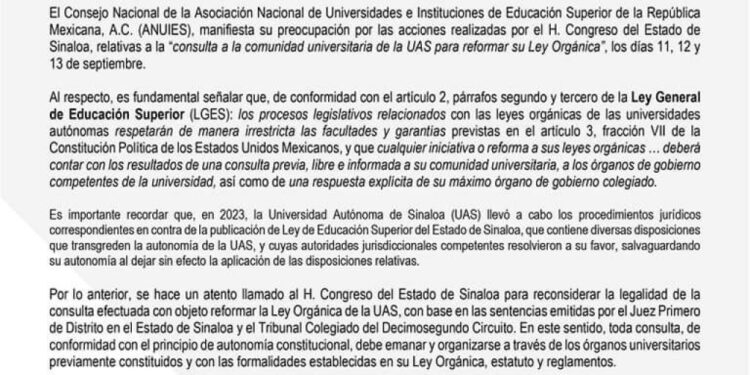 La ANUIES llama al Congreso de Sinaloa a que reconsidere la legalidad de la consulta para reformar la Ley Orgánica de la UAS y manifestó su preocupación por las acciones de los legisladores